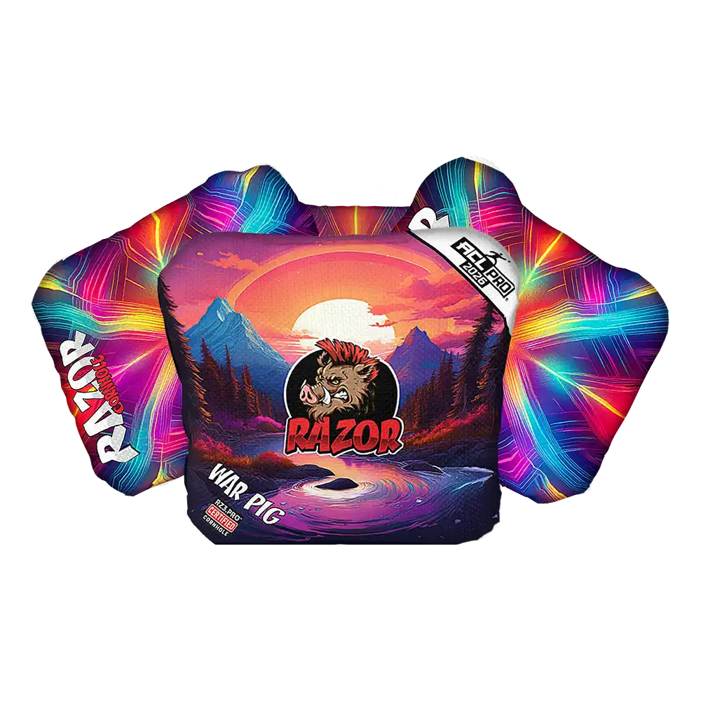 Cornhole bags with 'Razor' branding and mountain design on a white background