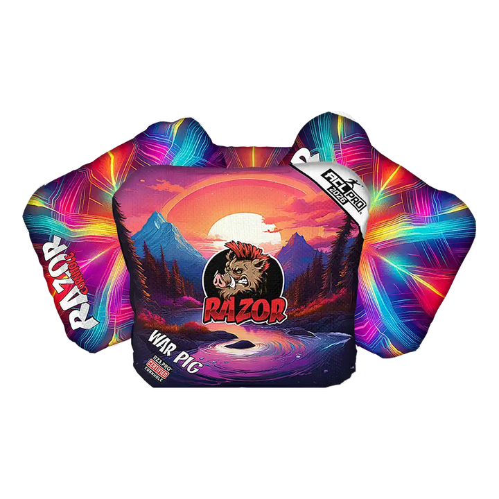 Cornhole bags with 'Razor' branding and mountain design on a white background