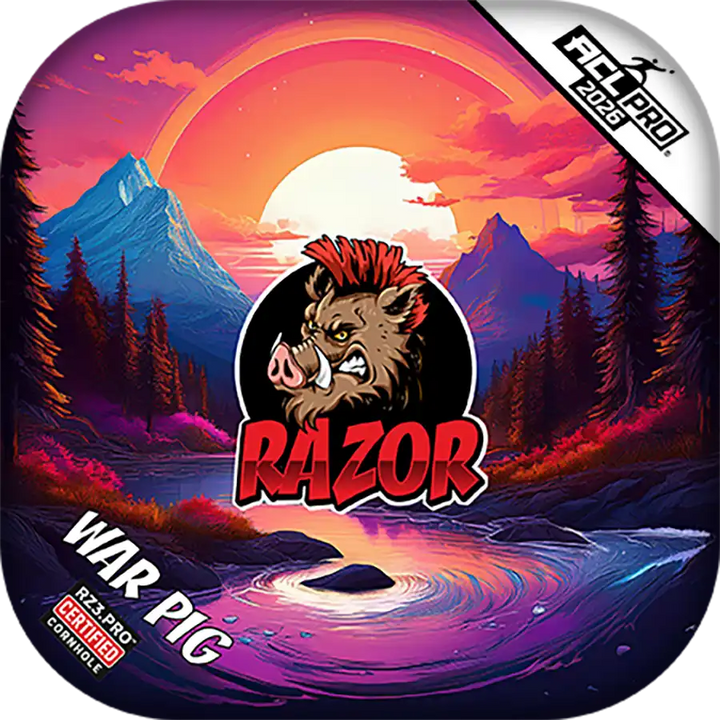 Cornhole bags with a stylized pig character and 'RAZOR' branding against a mountainous landscape.