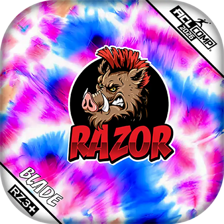 Colorful tie-dye cornhole bag with a boar logo and 'RAZOR' text on a white background