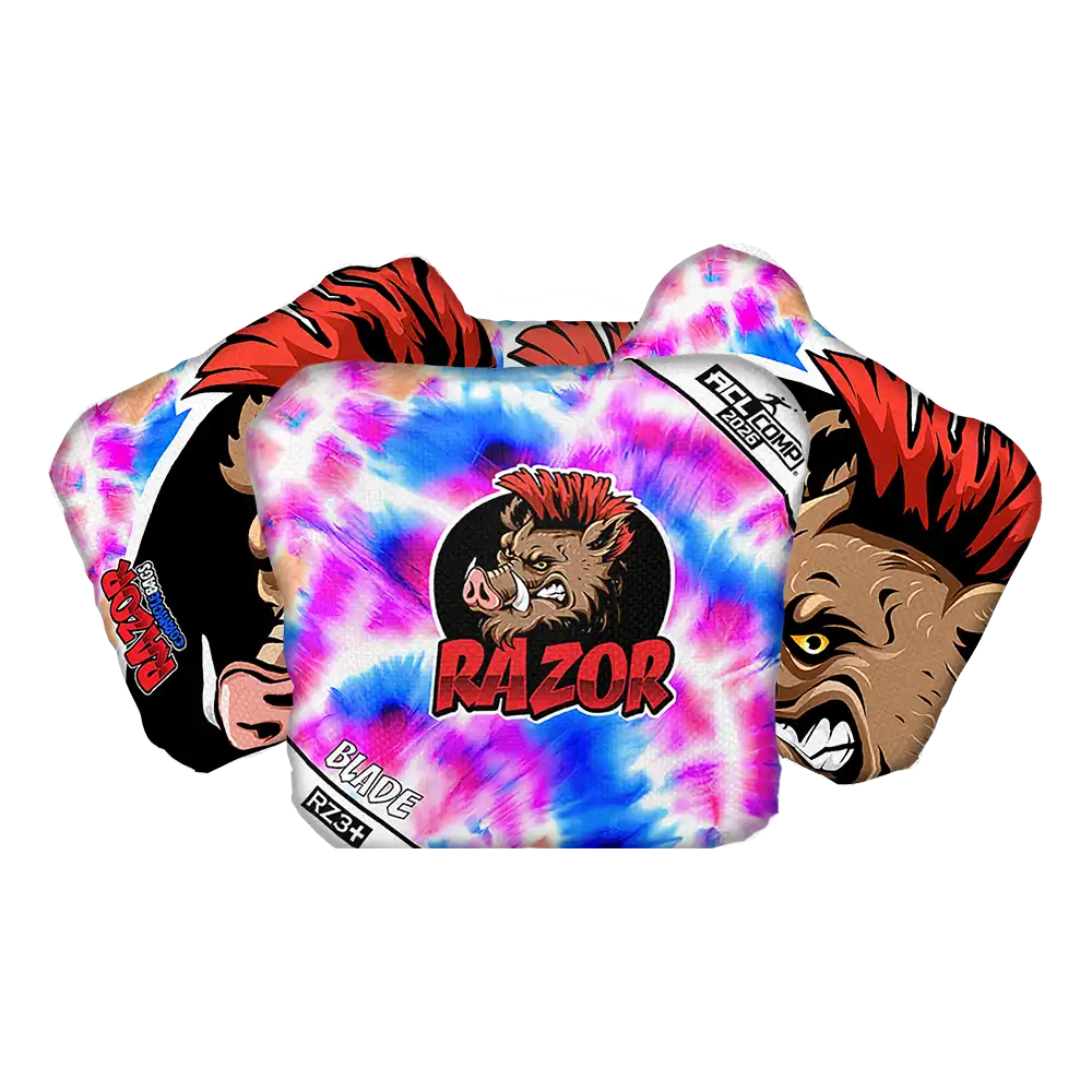 Colorful tie-dye cornhole bag with 'Razor' branding on a white background