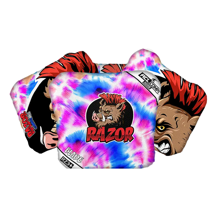 Colorful tie-dye cornhole bag with 'Razor' branding on a white background