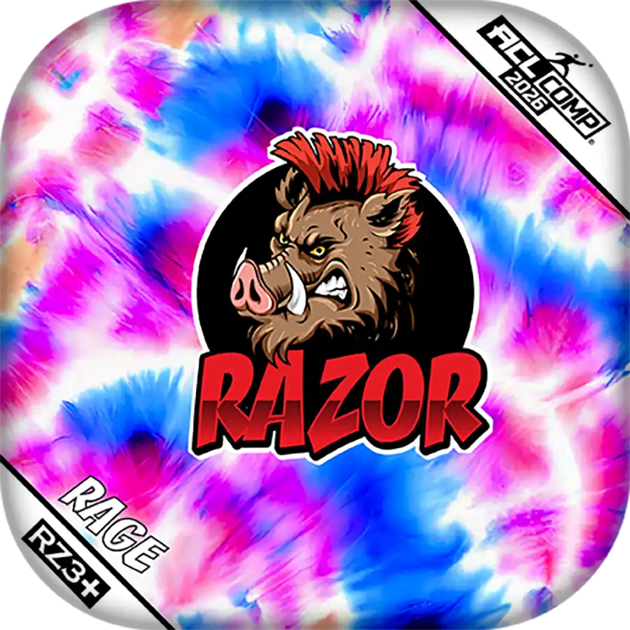 Cornhole bag with a colorful tie-dye design and 'RAZOR' logo on a white background