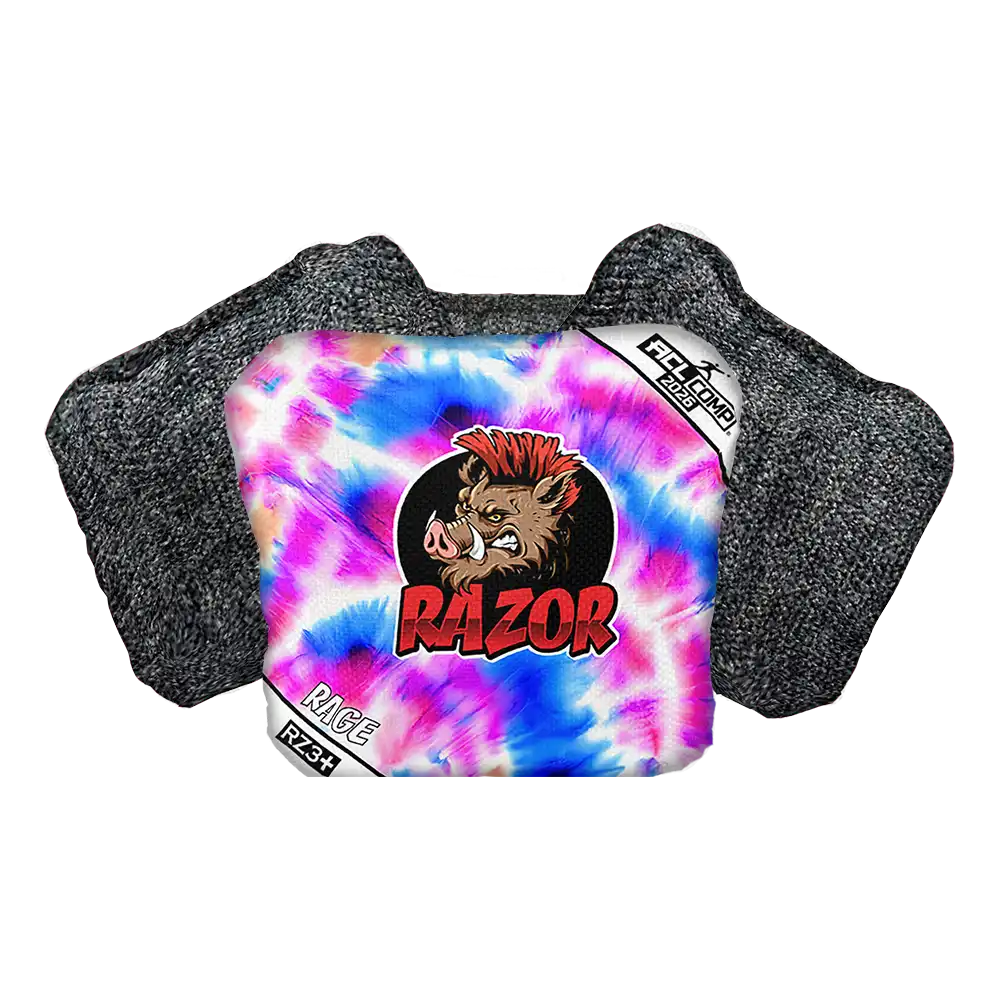 Tie-dye cornhole bag with Razor logo on a white background
