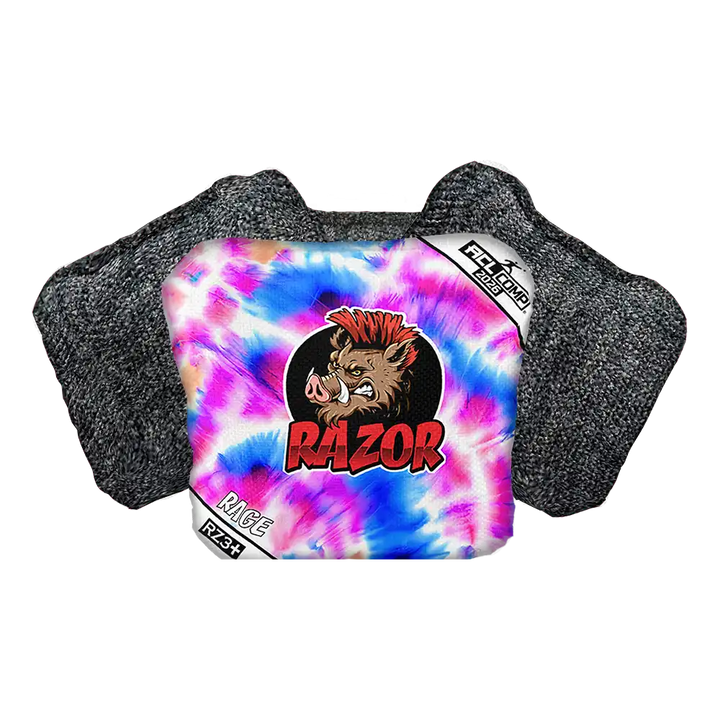 Tie-dye cornhole bag with Razor logo on a white background
