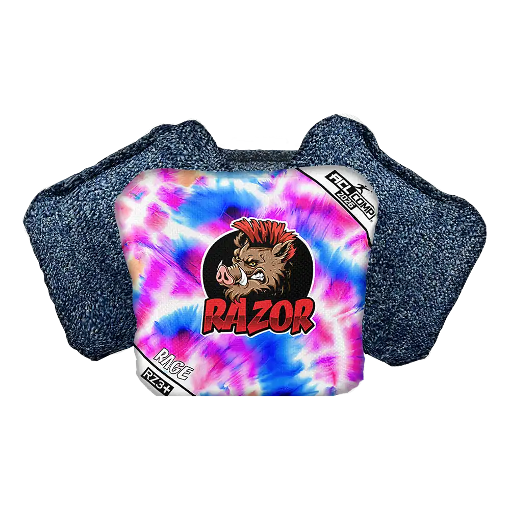 Tie-dye cornhole bag with Razor logo on a white background