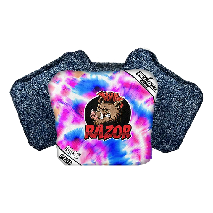 Tie-dye cornhole bag with Razor logo on a white background
