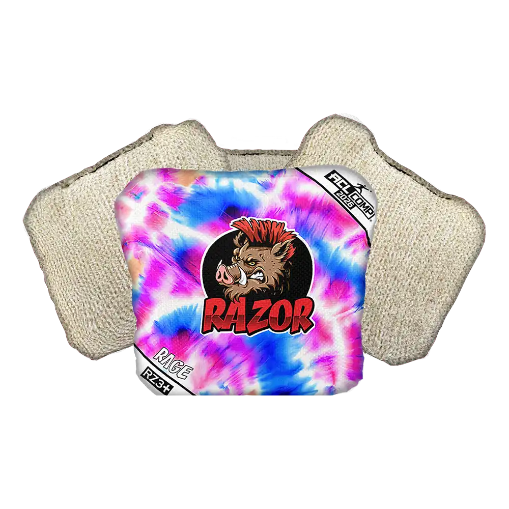 Tie-dye cornhole bag with 'RAZOR' logo on a white background