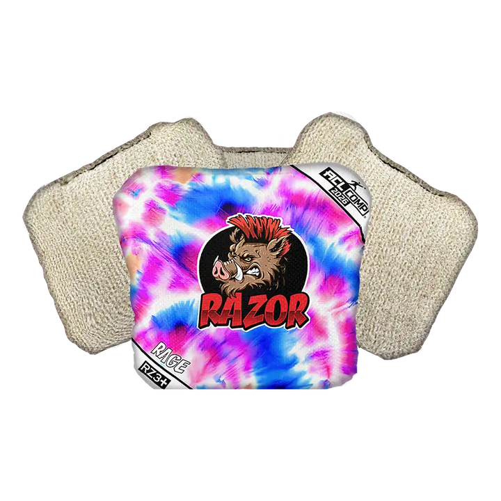 Tie-dye cornhole bag with 'RAZOR' logo on a white background