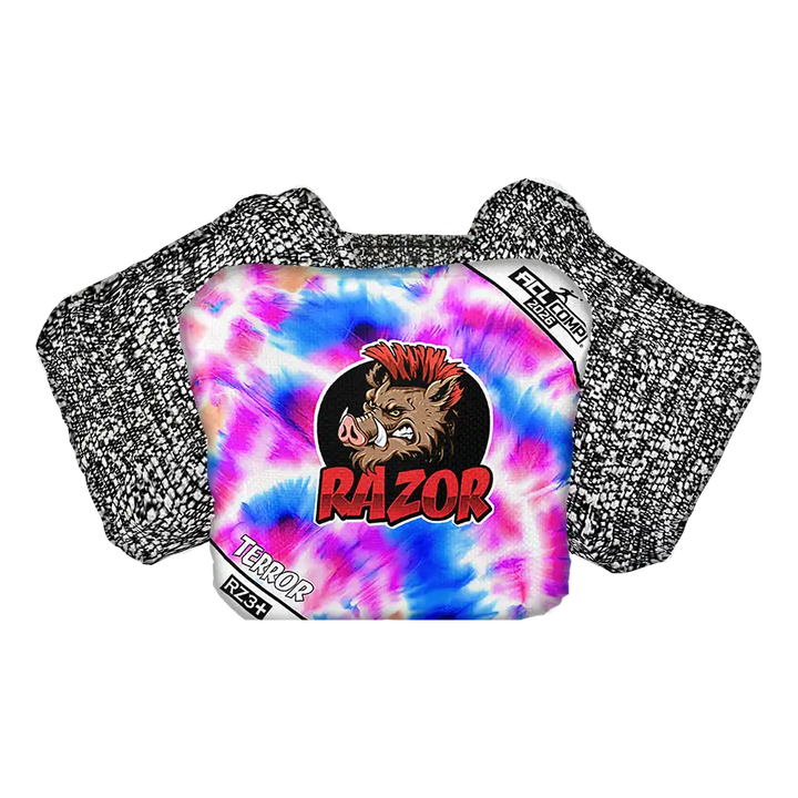 Colorful tie-dye cornhole bag with 'Razor' logo and text on a white background