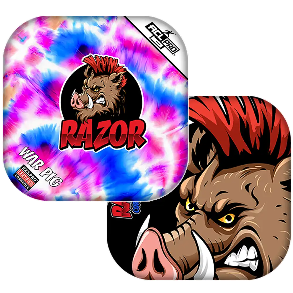 Cornhole bags with Tie-dye design with a boar graphic and 'RAZOR' branding on a white background