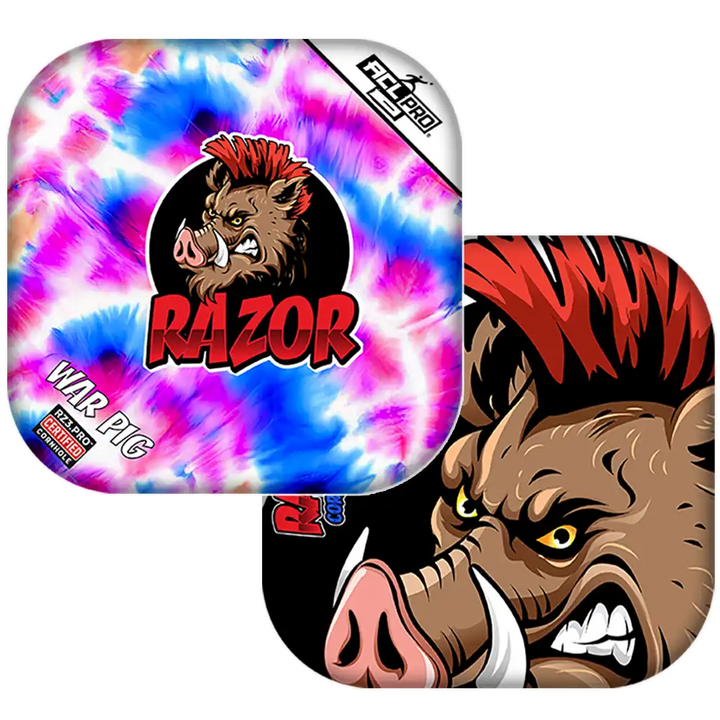 Cornhole bags with Tie-dye design with a boar graphic and 'RAZOR' branding on a white background