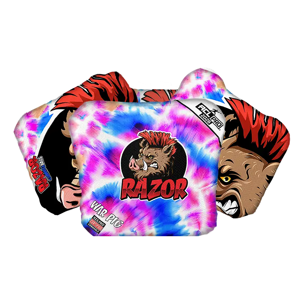 Colorful tie-dye Cornhole bags with 'RAZOR' branding and a graphic of a boar on a white background.