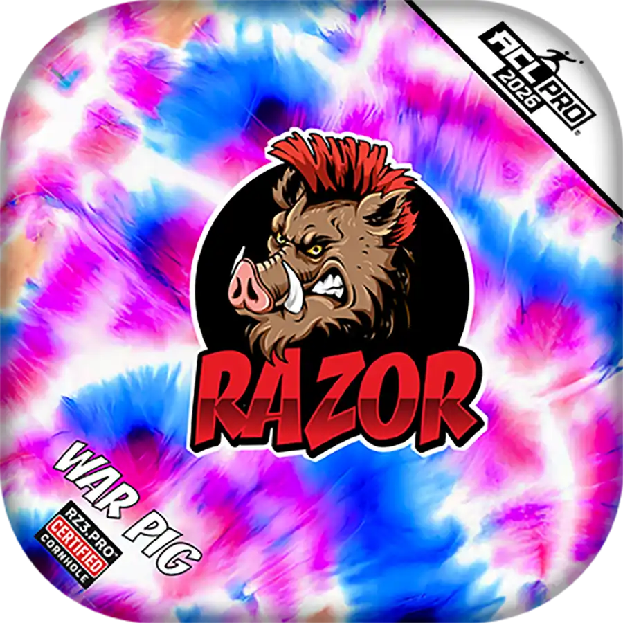 Tie-dye Cornhole bags with Razor War Pig logo and colorful design