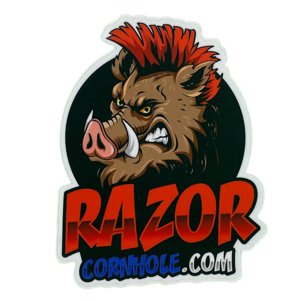 Cornhole bag with a boar design and 'RAZOR CORNHOLE.COM' text on a white background