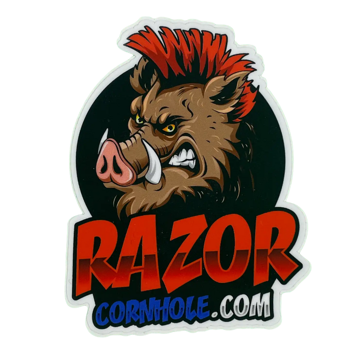 Cornhole bag with a boar design and 'RAZOR CORNHOLE.COM' text on a white background