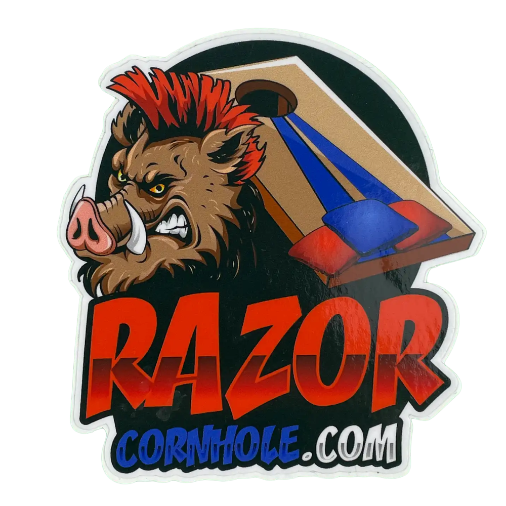 Cornhole board with boar design and 'RAZOR CORNHOLE.COM' text on a white background
