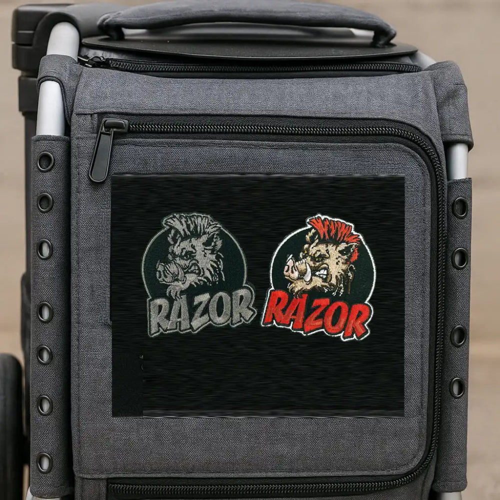 Gray Travel bag with 'Razor' logos on a neutral background