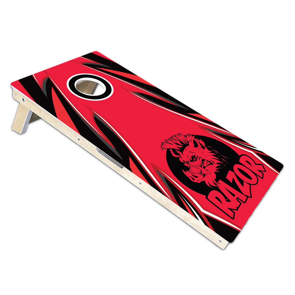 Cornhole board with red and black design featuring a Boar and the word 'Razor' on a white background.