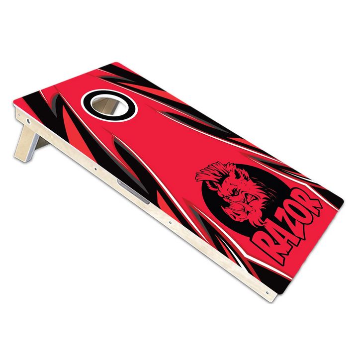 Cornhole board with red and black design featuring a Boar and the word 'Razor' on a white background.