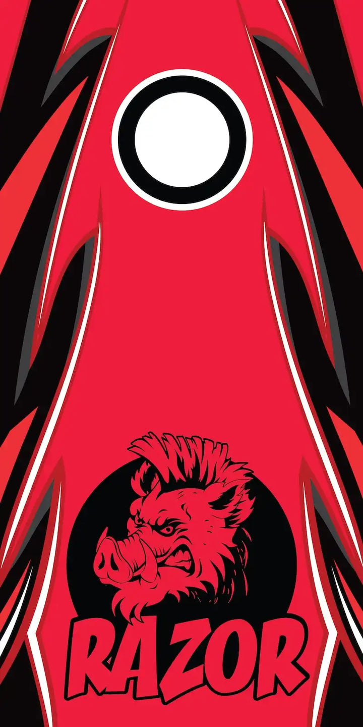 Red and black graphic with a Pig head and 'RAZOR' text