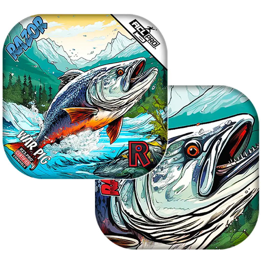 Fish-themed Cornhole bags with mountain and forest design on a white background