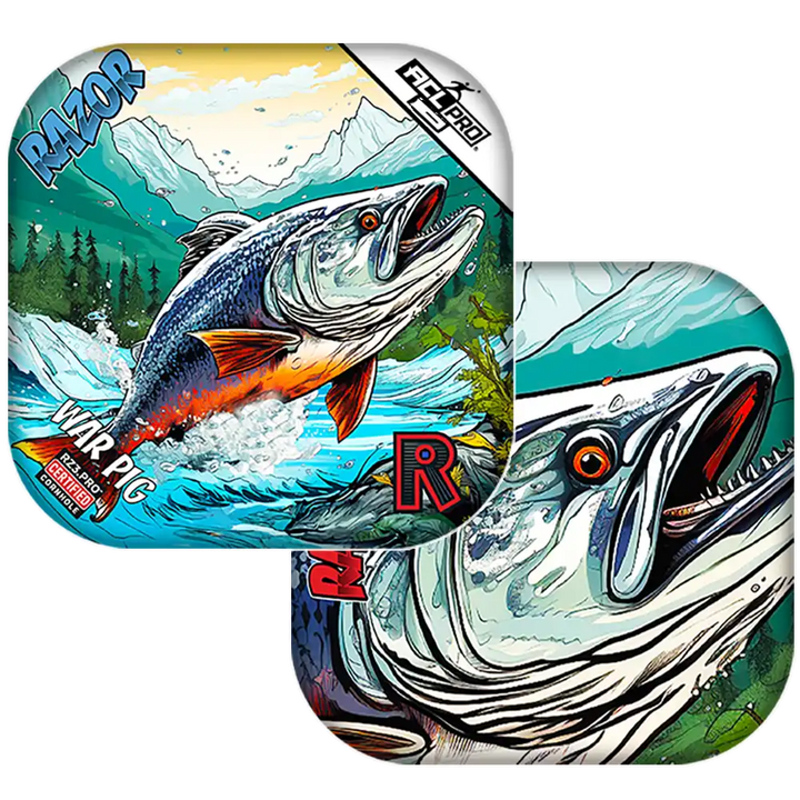 Fish-themed Cornhole bags with mountain and forest design on a white background