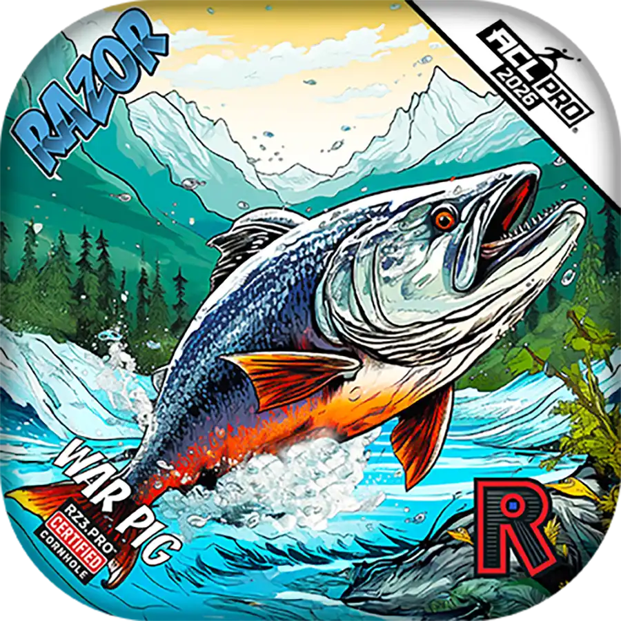 Cornhole bags with a fish illustration and mountainous background