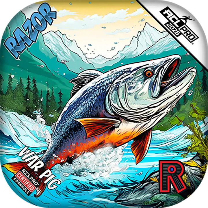 Cornhole bags with a fish illustration and mountainous background