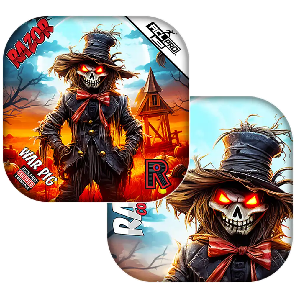 Cornhole bags with Scarecrow character with glowing red eyes on a colorful background