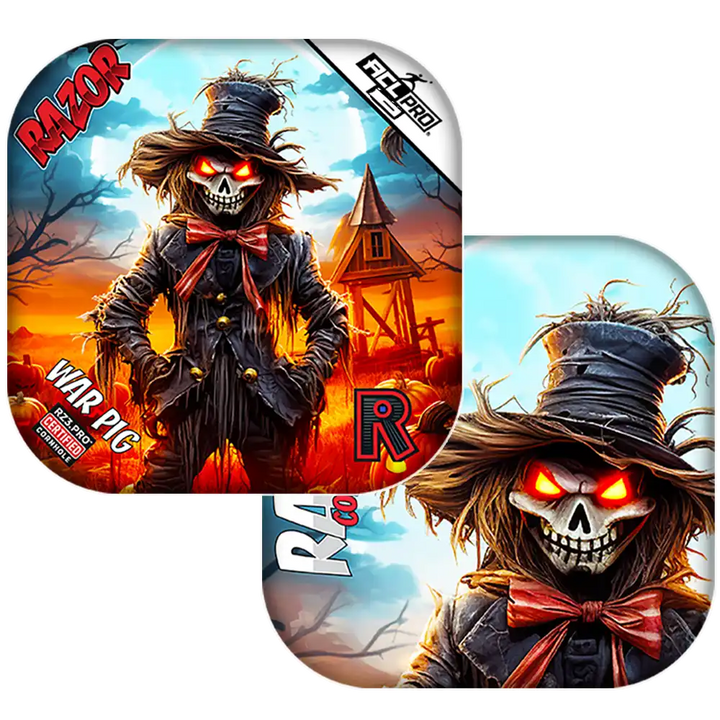 Cornhole bags with Scarecrow character with glowing red eyes on a colorful background