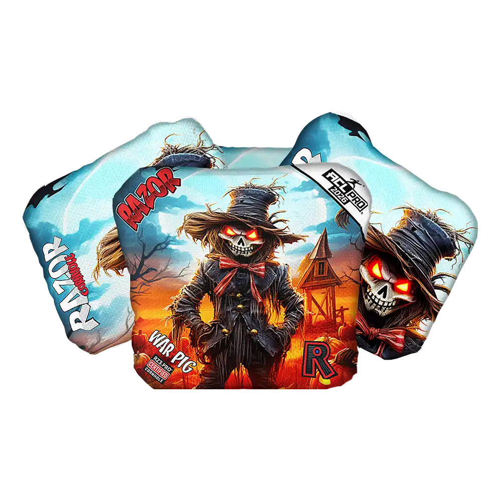 Scarecrow-themed Cornhole bags with 'Razor' branding on a white background