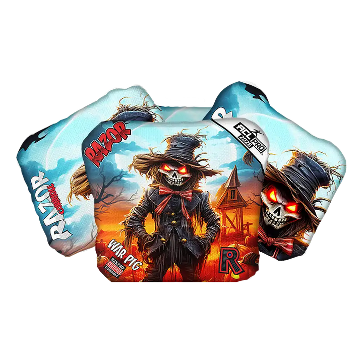 Scarecrow-themed Cornhole bags with 'Razor' branding on a white background