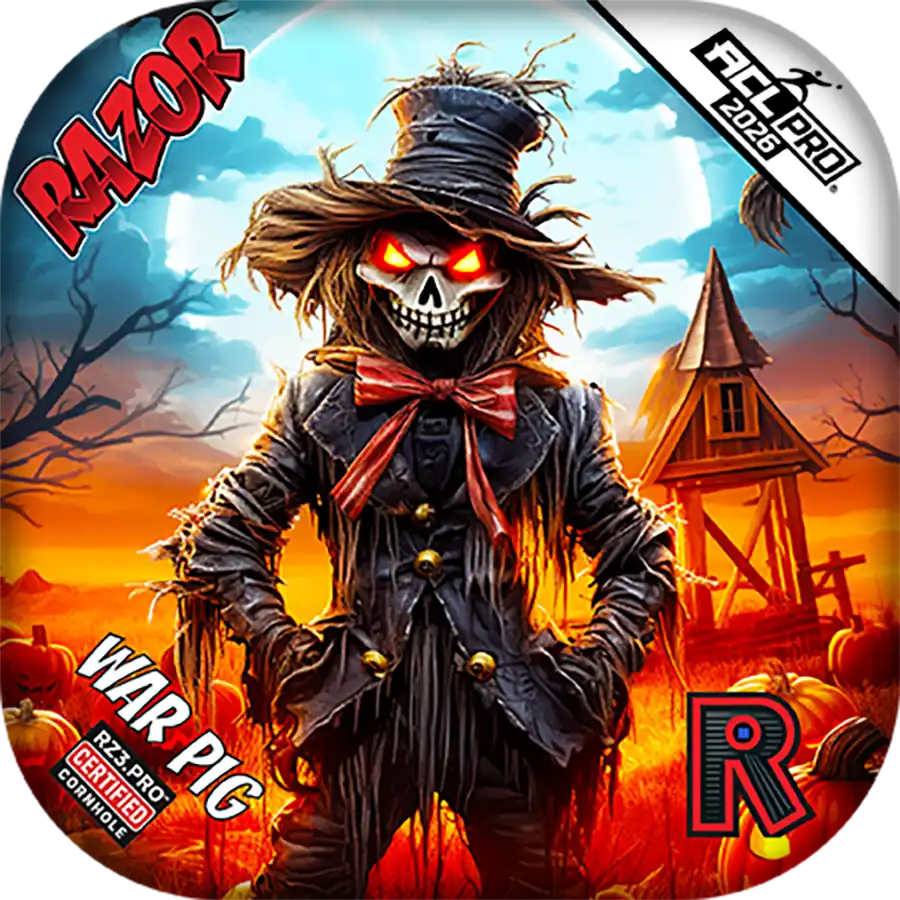Cornhole bags with Scary scarecrow with glowing eyes in a Halloween-themed setting, featuring Razor branding.