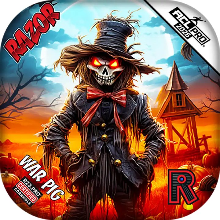 Cornhole bags with Scary scarecrow with glowing eyes in a Halloween-themed setting, featuring Razor branding.