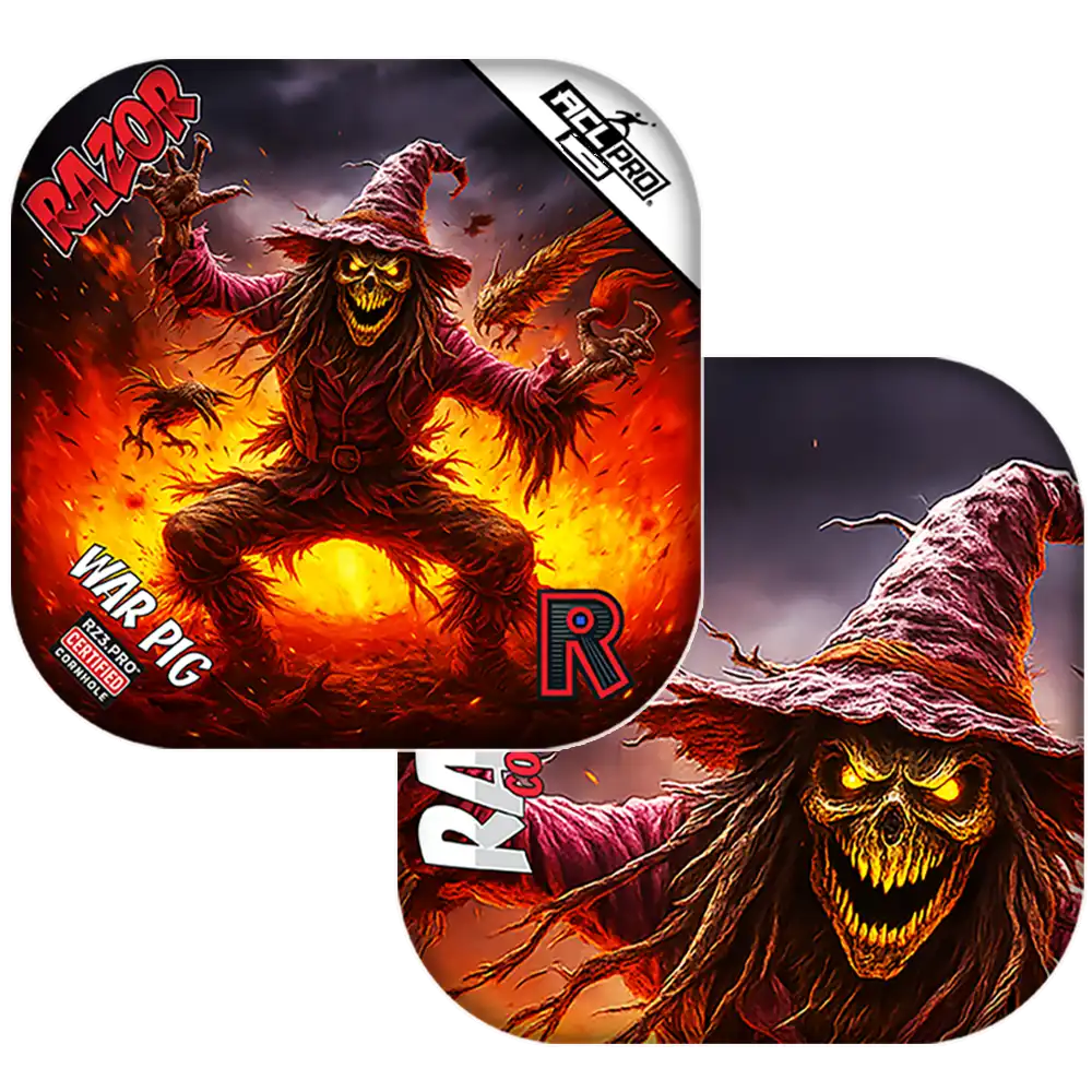 Scary scarecrow character with fiery background on Cornhole bags