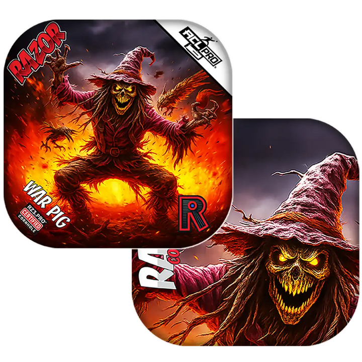 Scary scarecrow character with fiery background on Cornhole bags