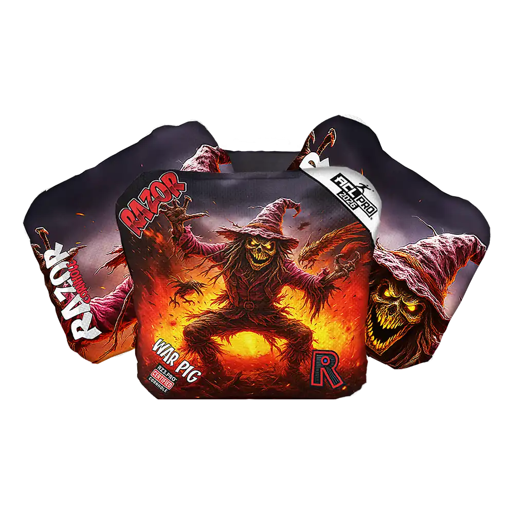Cornhole bags with a scarecrow design and 'Razor' branding on a white background