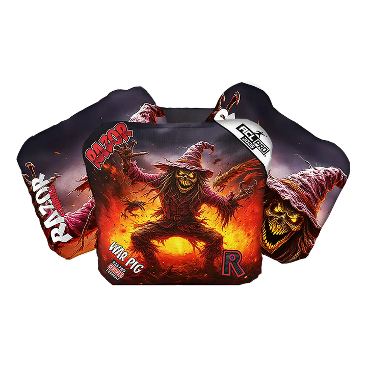 Cornhole bags with a scarecrow design and 'Razor' branding on a white background