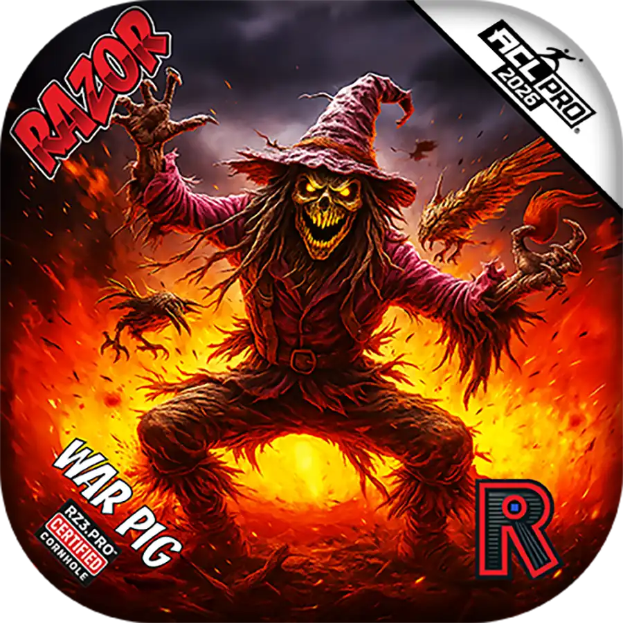 Cornhole bags with Scary scarecrow with flames and creatures on a fiery background, featuring the Razor logo.