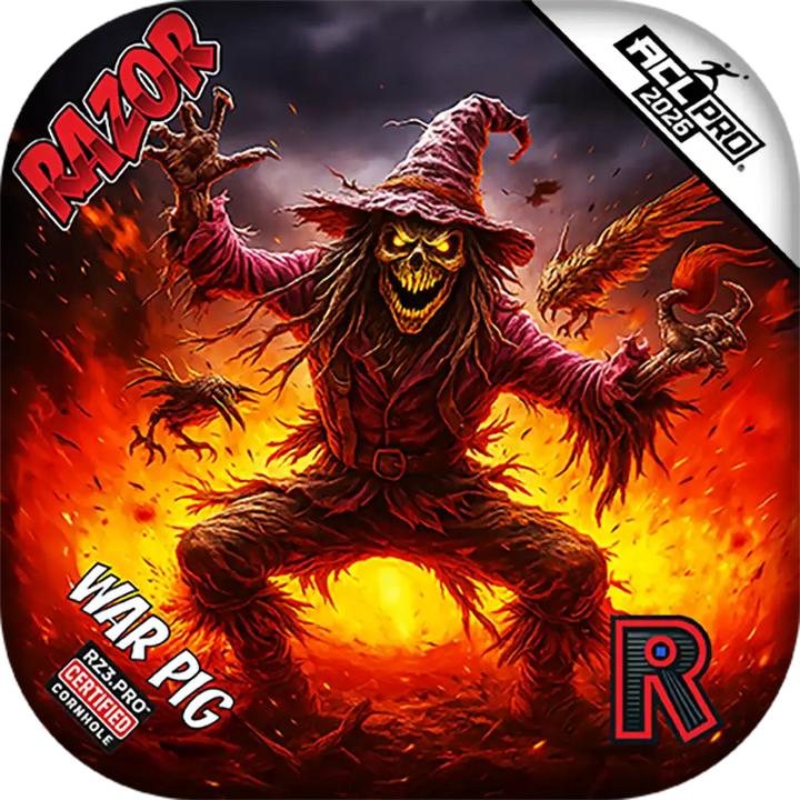 Cornhole bags with Scary scarecrow with flames and creatures on a fiery background, featuring the Razor logo.