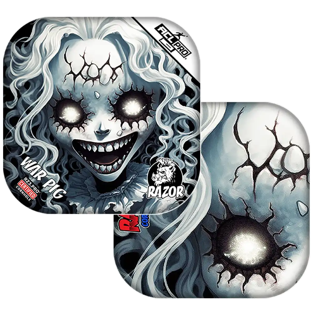 Cornhole bags with a ghostly face and cracked ice pattern on a white background.