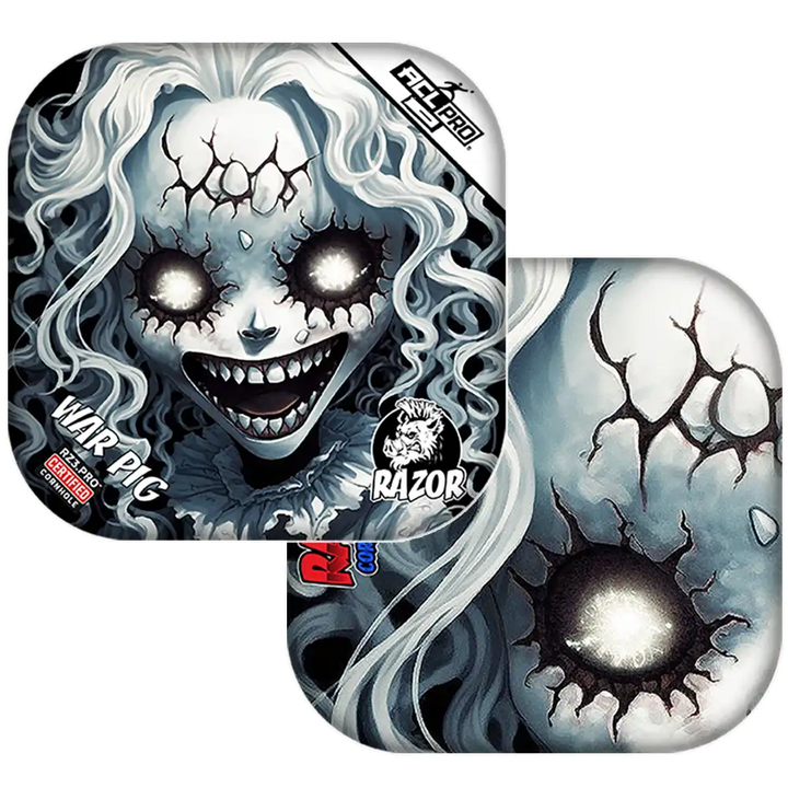 Cornhole bags with a ghostly face and cracked ice pattern on a white background.