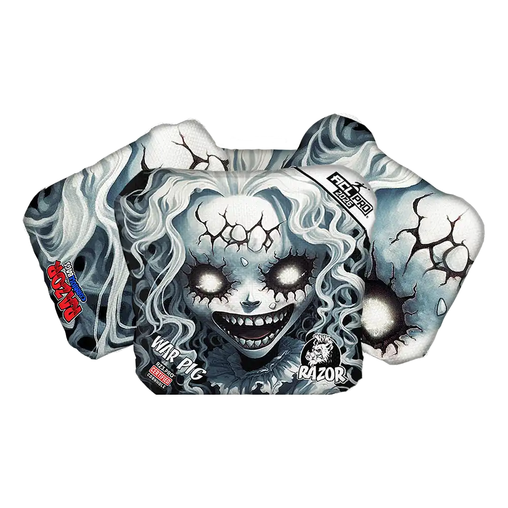 Decorative Cornhole bags with a skull design and brand logos on a white background