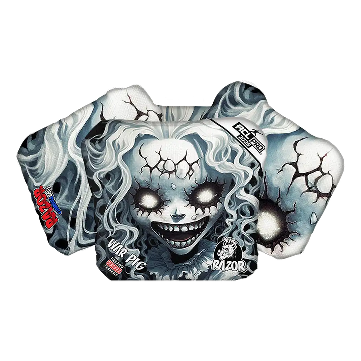 Decorative Cornhole bags with a skull design and brand logos on a white background