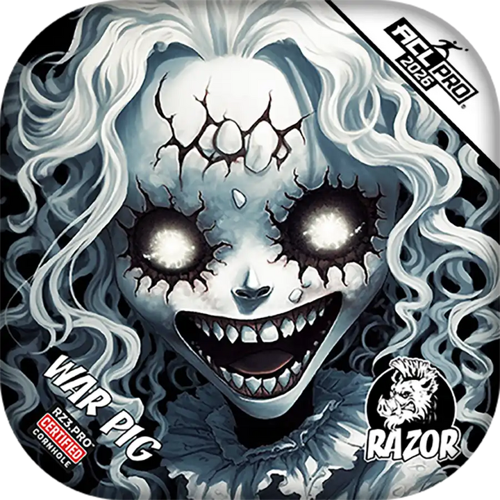 Cornhole bags with Illustration of a ghost-like character with glowing eyes and a wide smile, surrounded by swirling patterns. Brand logos are visible.