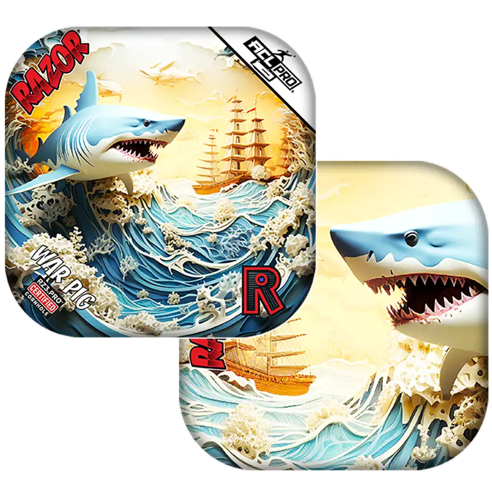 Shark-themed Cornhole bags with a ship and wave design on a white background