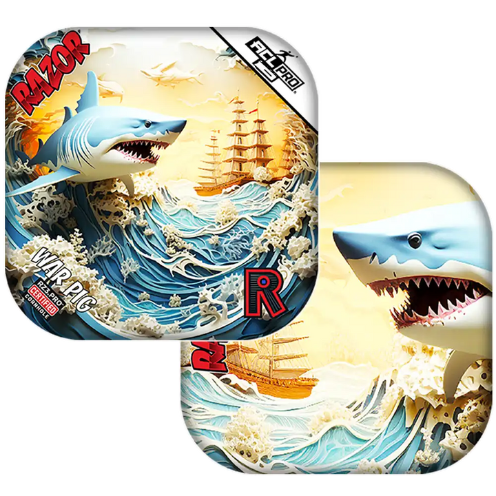 Shark-themed Cornhole bags with a ship and wave design on a white background