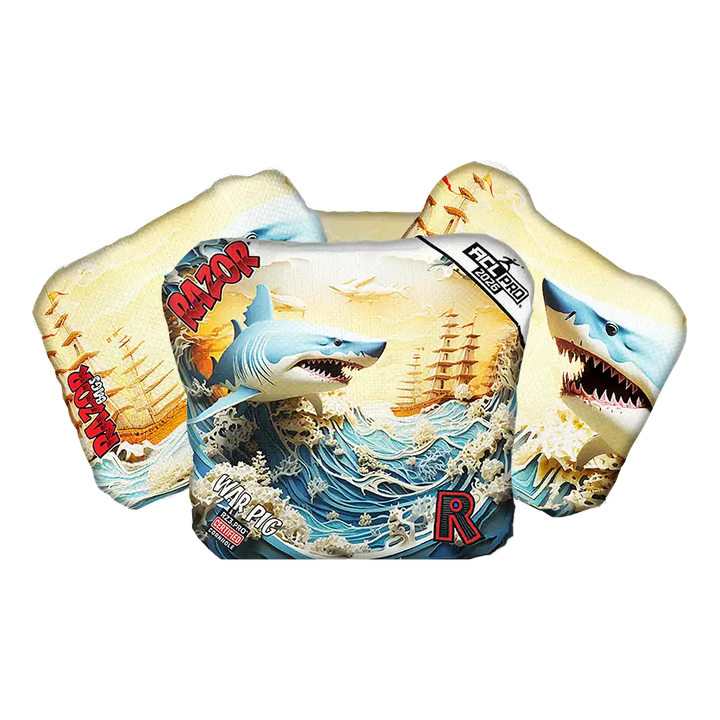 Cornhole bags with a shark and visible branding on a white background