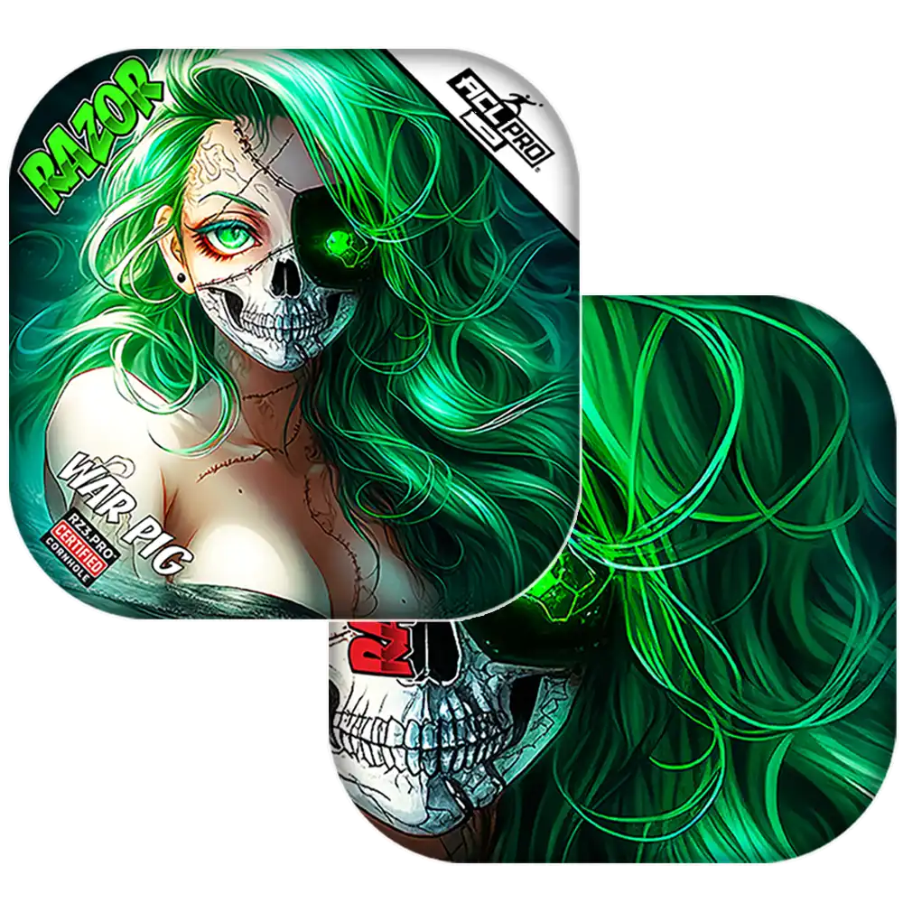 Cornhole bags with green hair and skull design, featuring the brand 'Razor'.